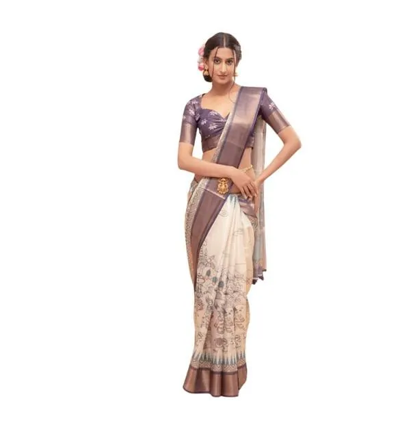 Generic Women's Polyester Printed Saree With Unstitched Blouse 5.5 Mtr (Off-White)