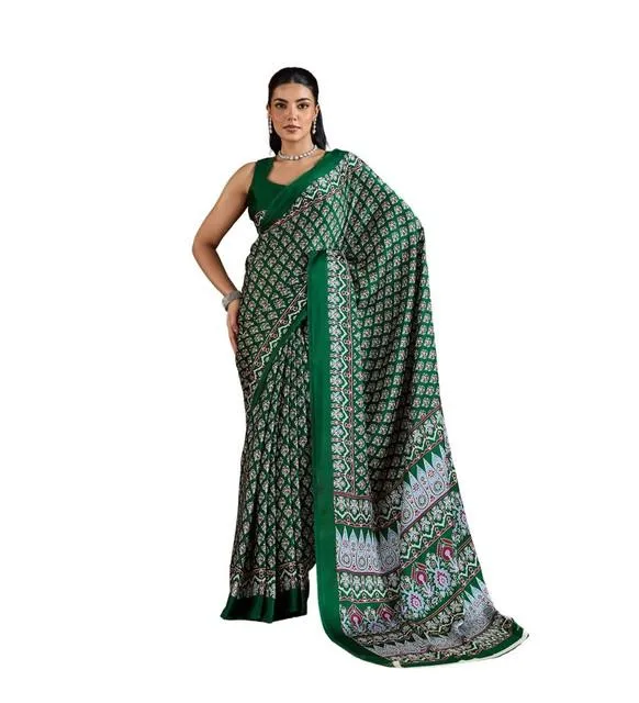 Generic Women's Satin Crepe Printed Saree With Unstitched Blouse 5.5Mtr (Green)