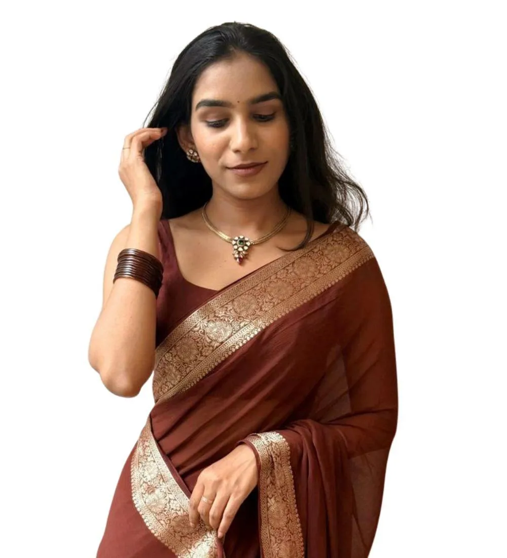 Generic Women's Vichitra Silk Printed Saree With Unstitched Blouse 5.5Mtr (Brown)