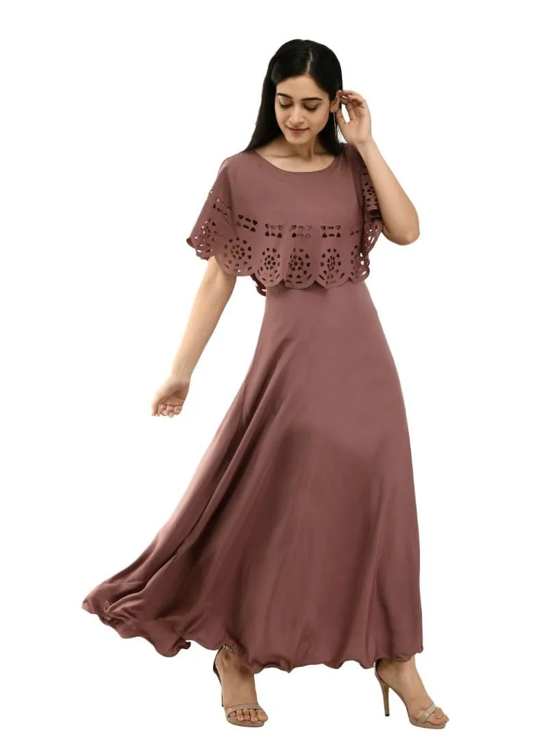 Generic Women's Crepe Solid Sleeveless Full Length Gown(Brown)