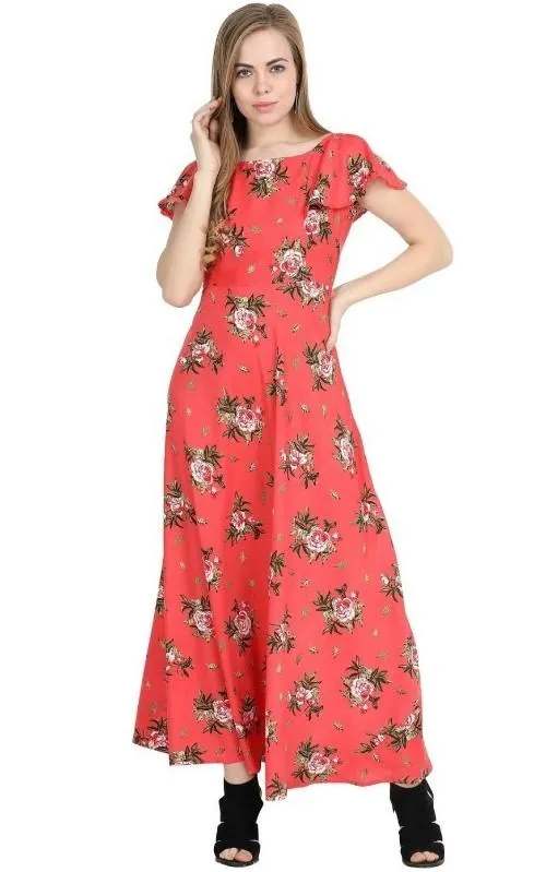 Generic Women's Crepe Floral Half Sleeves Full Length Gown(Red)