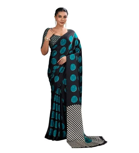 Generic Women's Satin Crepe Printed Saree With Unstitched Blouse 5.5Mtr (Black)