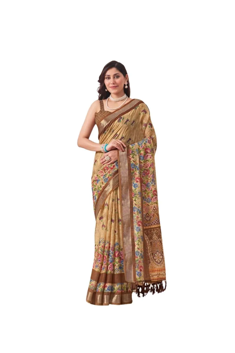 Generic Women's Faux_Linen Printed Saree With Unstitched Blouse 5.5Mtr (Beige)