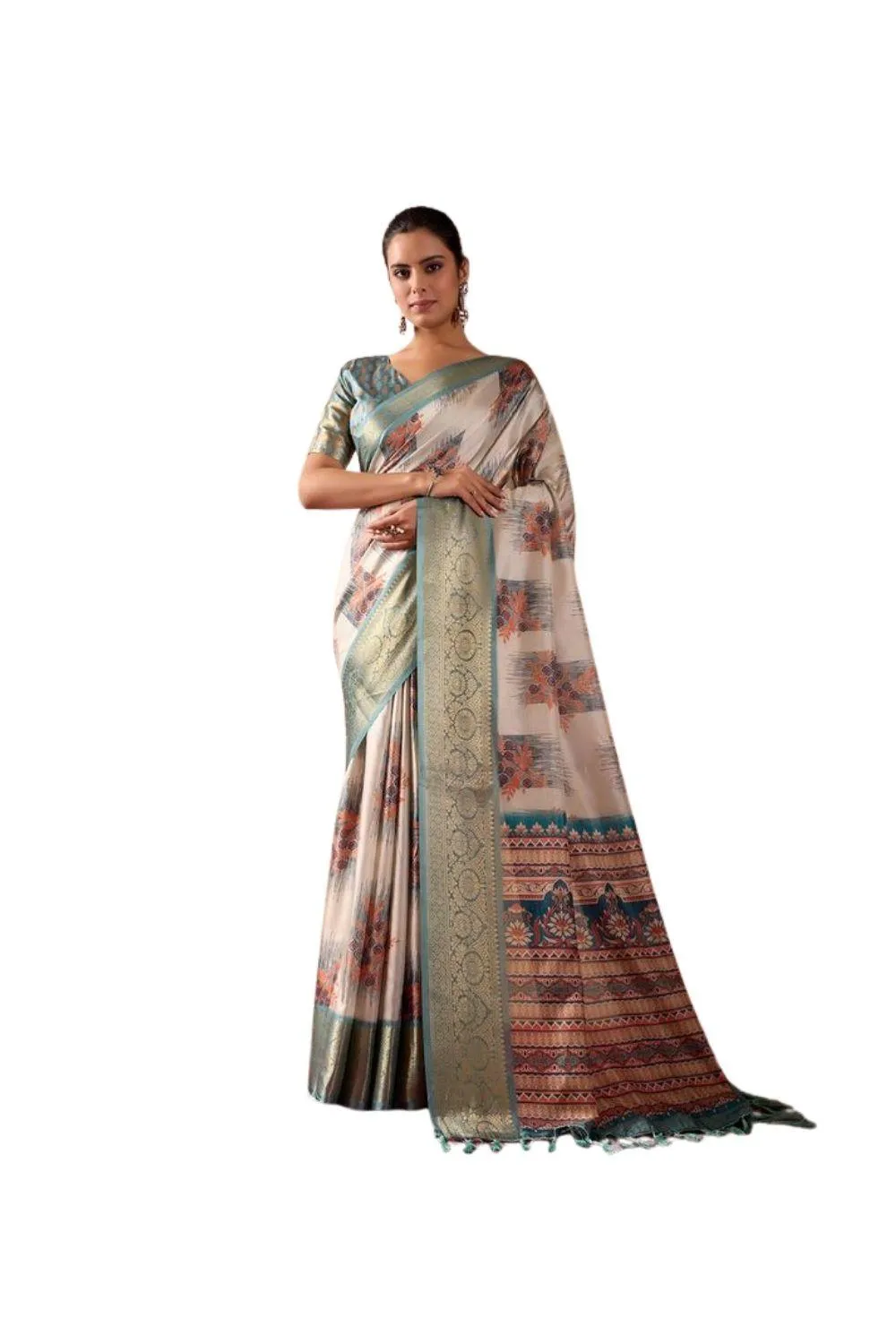 Generic Women's Faux_Silk_Blend Printed Saree With Unstitched Blouse 5.5Mtr (Beige)