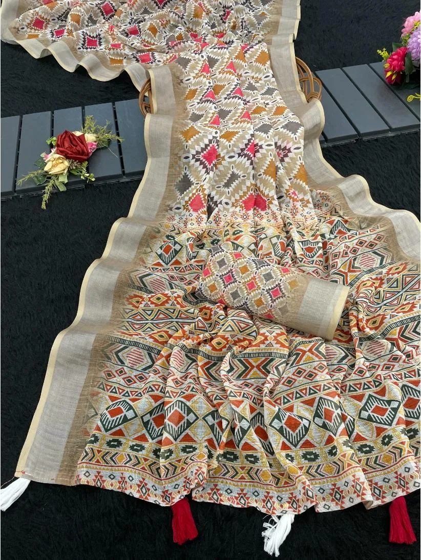 Generic Women's Linen Cotton  Printed Saree With Unstitched Blouse 5.5Mtr (Cream)