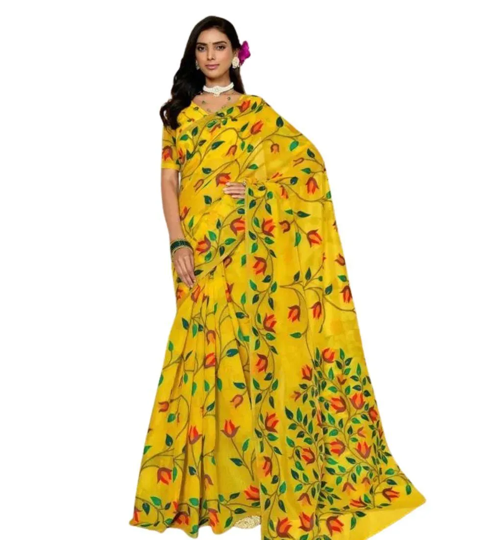 Generic Women's Georgette Printed Saree With Unstitched Blouse 5.5Mtr (Yellow)