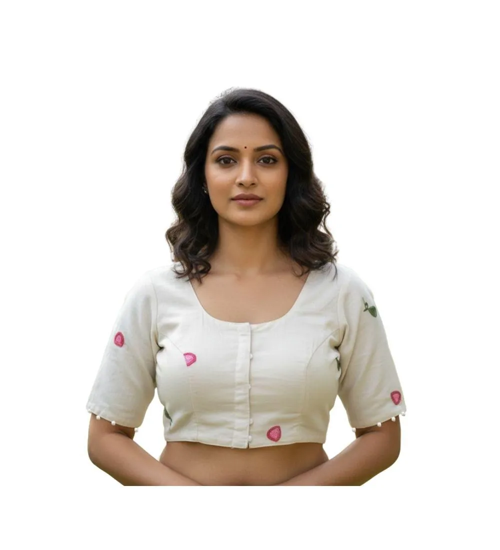 Generic Women's Cambric Cotton Round Neck Padded Blouse (White, 38 Ready Size (Self-Alterable 36–40)