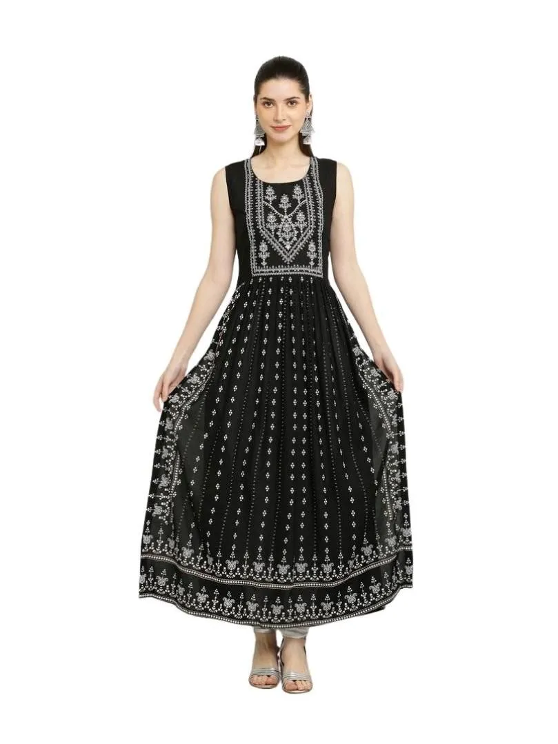 Generic Women's Casual Rayon Sleeveless Kurti (Black)