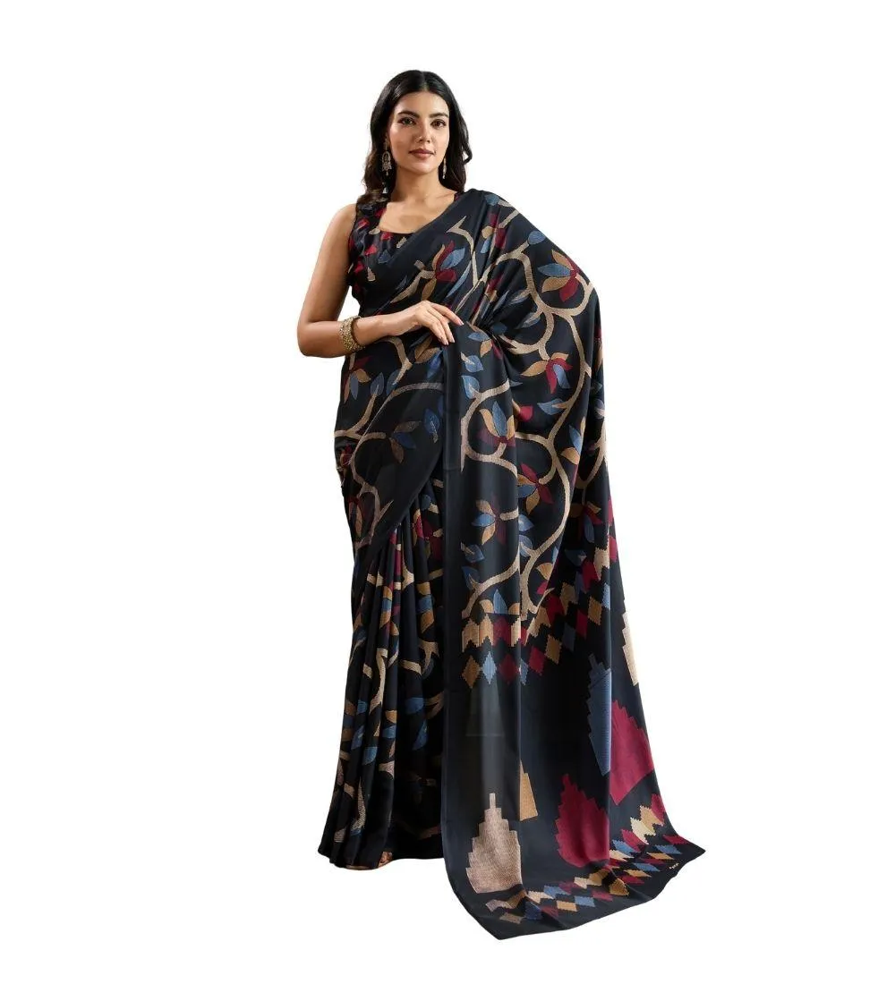 Generic Women's Satin Crepe Printed Saree With Unstitched Blouse 5.5Mtr (Black)