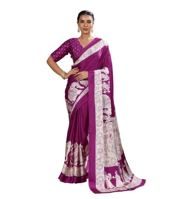 Generic Women's Satin Crepe Printed Saree With Unstitched Blouse 5.5Mtr (Purple)