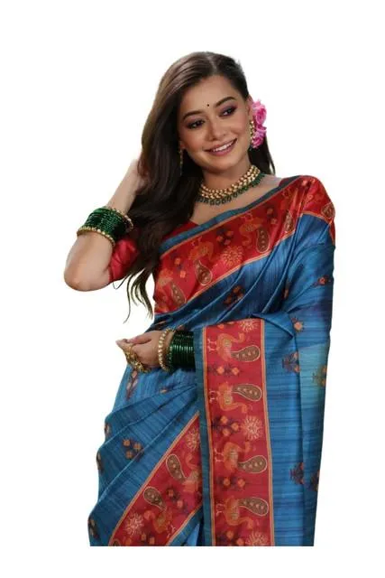 Generic Women's Faux_Tussar_Silk Printed Saree With Unstitched Blouse 5.5Mtr (Blue)