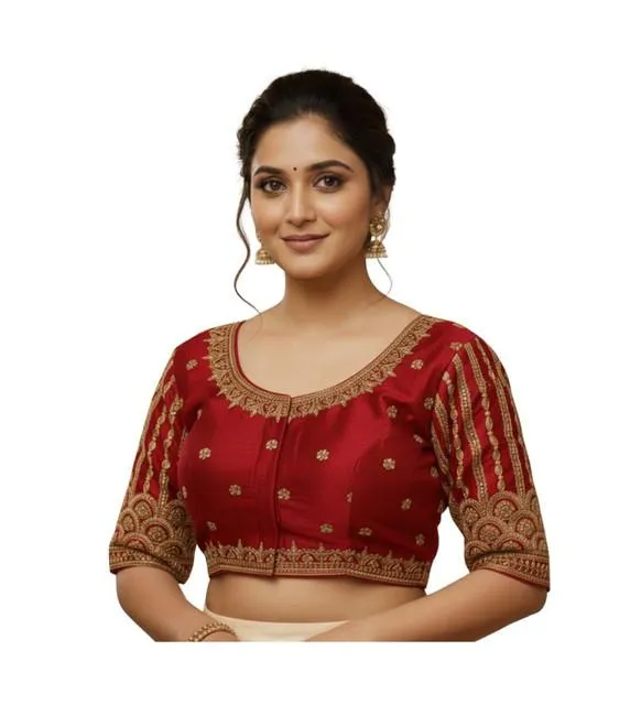 Generic Women's Phantom Silk Embroidered Designer Neck Padded Blouse (Maroon 38 Ready (Alterable up to 42)