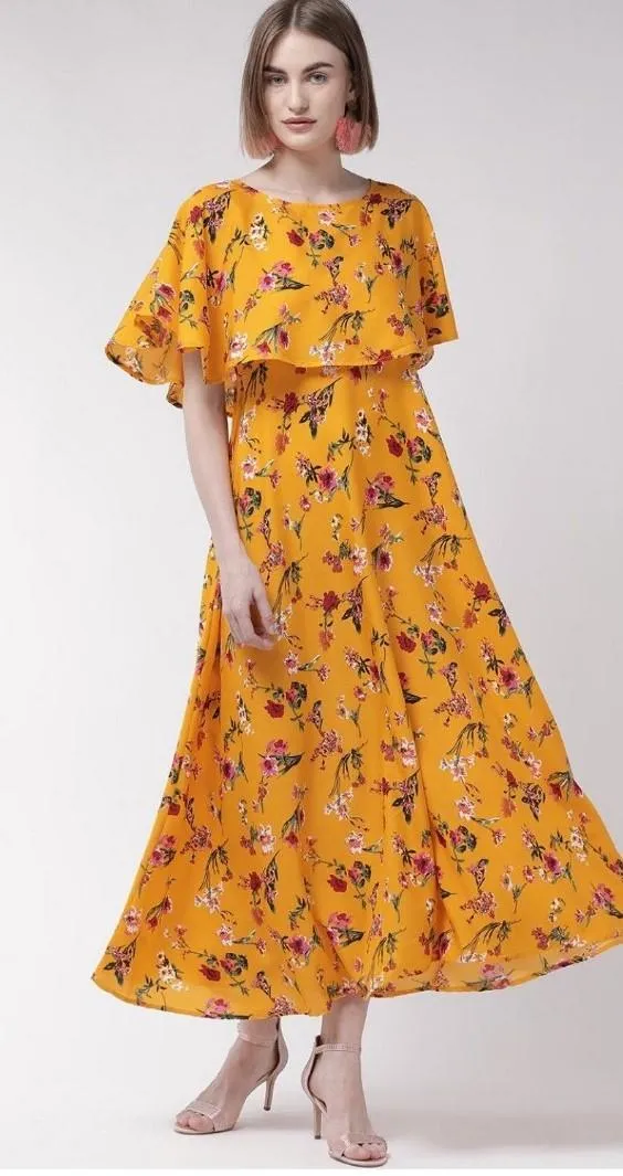 Generic Women's Crepe Floral Half Sleeves Full Length Gown(Yellow)