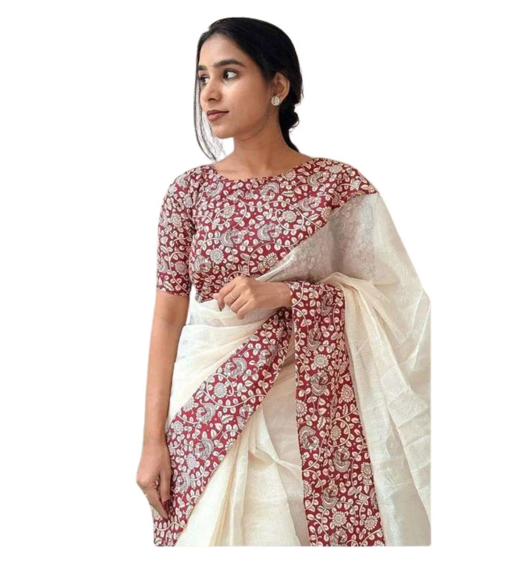 Generic Women's Linen Printed Saree With Unstitched Blouse 5.5Mtr (White)
