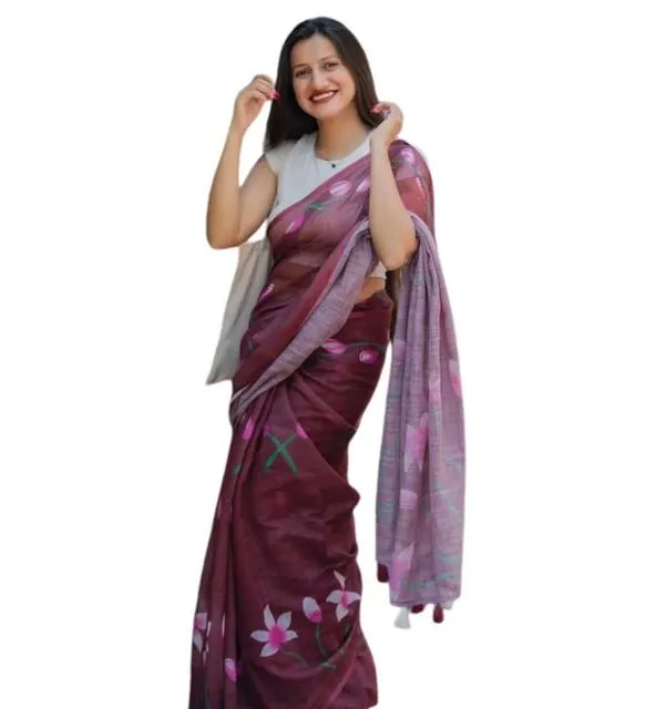 Generic Women's Linen Printed Saree With Unstitched Blouse 5.5Mtr (Brown)
