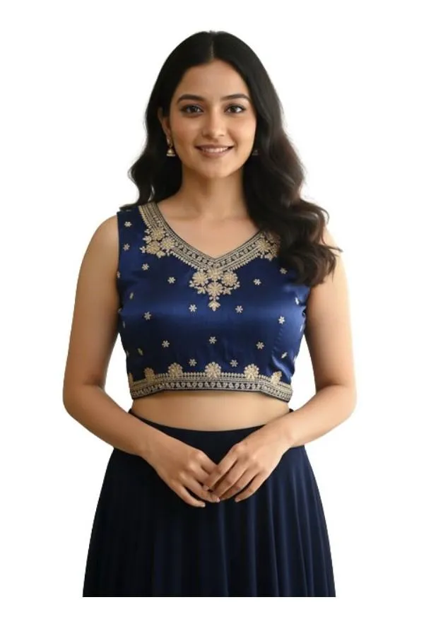 Generic Women's Zimmi Choo Embroidered V-Neck Padded Blouse (Navy 38 Ready (Self Alterable 36–40)