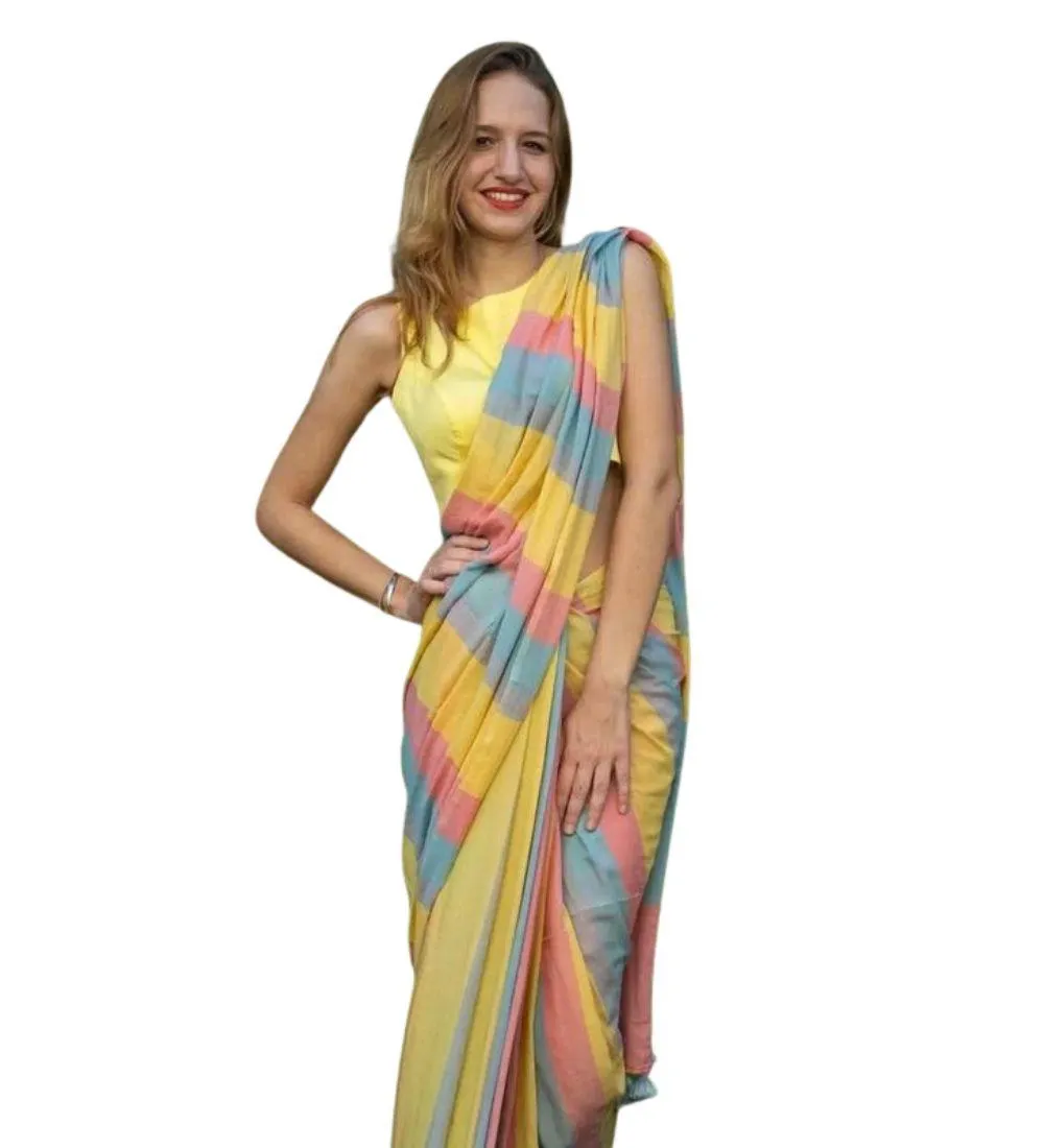 Generic Women's Linen Printed Saree With Unstitched Blouse 5.5Mtr (Multicolor)