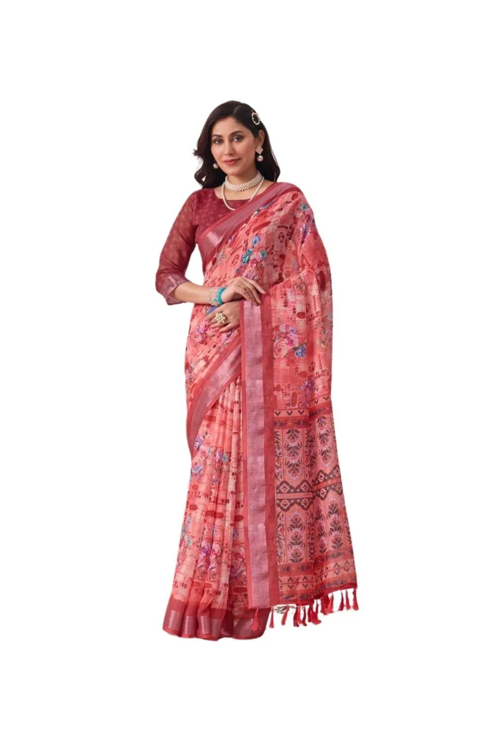 Generic Women's Faux_Linen Printed Saree With Unstitched Blouse 5.5Mtr (Rose)