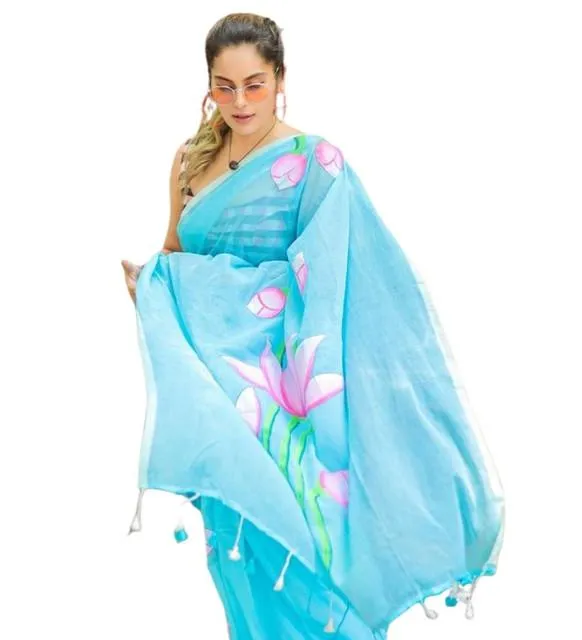 Generic Women's Linen Printed Saree With Unstitched Blouse 5.5Mtr (light Blue)
