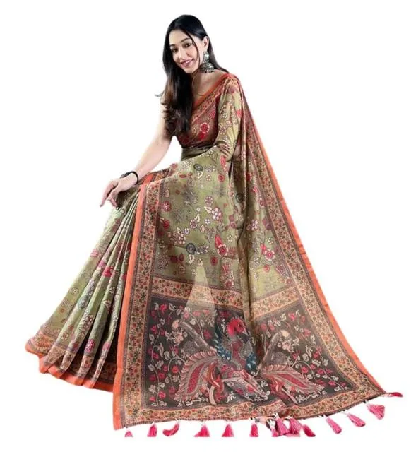 Generic Women's Linen Printed Saree With Unstitched Blouse 5.5Mtr (Sea Green)