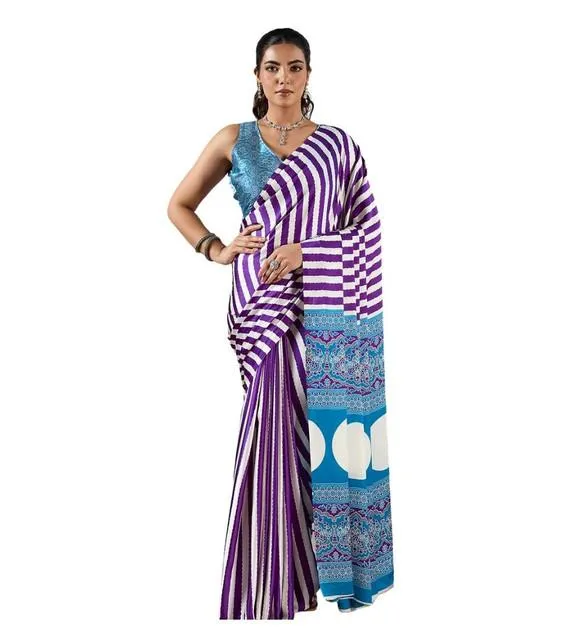 Generic Women's Satin Crepe Printed Saree With Unstitched Blouse 5.5Mtr (Purple)