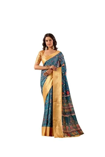 Generic Women's Faux_Banarasi Printed Saree With Unstitched Blouse 5.5Mtr (Teal)