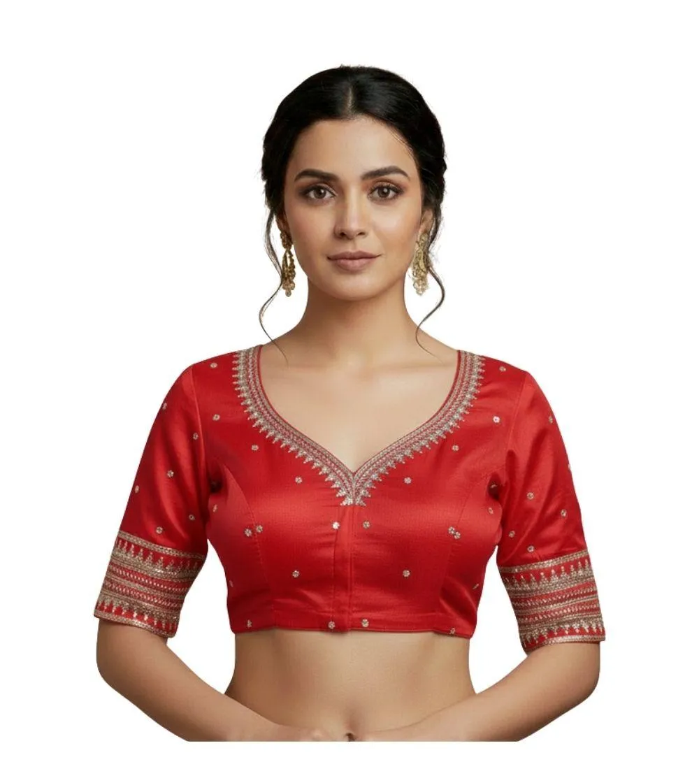 Generic Women's Vichitra Silk V Neck Padded Blouse (Red, 38 Ready Size (Self-Alterable 36–40)