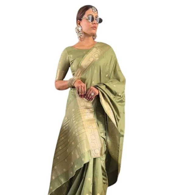 Generic Women's Satin Printed Saree With Unstitched Blouse 5.5Mtr (Green)