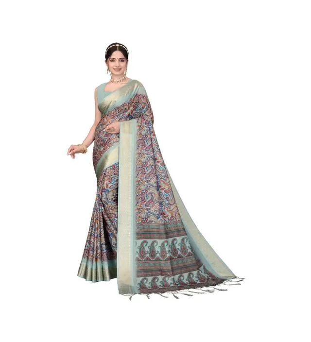 Generic Women's Cotton Silk  Printed Saree With Unstitched Blouse 5.5Mtr (Multicolor)