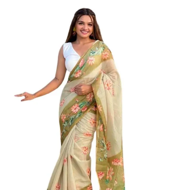 Generic Women's Linen Printed Saree With Unstitched Blouse 5.5Mtr (Mahendi)