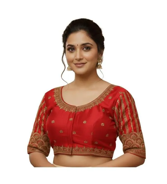 Generic Women's Phantom Silk Embroidered Designer Neck Padded Blouse (Red 38 Ready (Alterable up to 42)