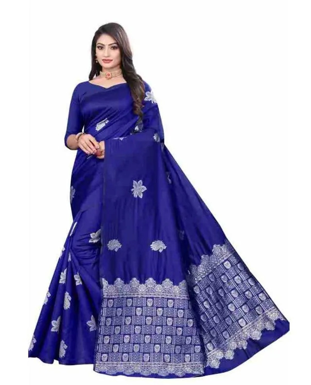 Generic Women's Soft Lichi Silk Printed Saree With Unstitched Blouse 5.5Mtr (Blue)