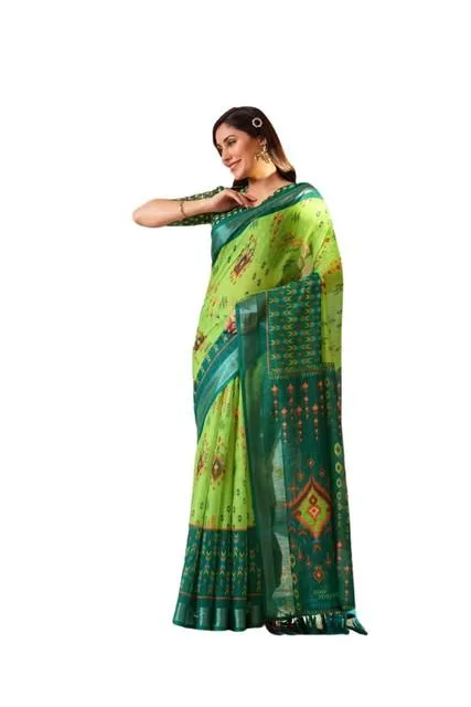Generic Women's Faux_Linen Printed Saree With Unstitched Blouse 5.5Mtr (Green)