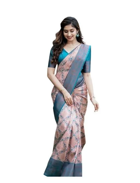 Generic Women's Soft Lichi Silk Printed Saree With Unstitched Blouse 5.5Mtr (Multicolor)