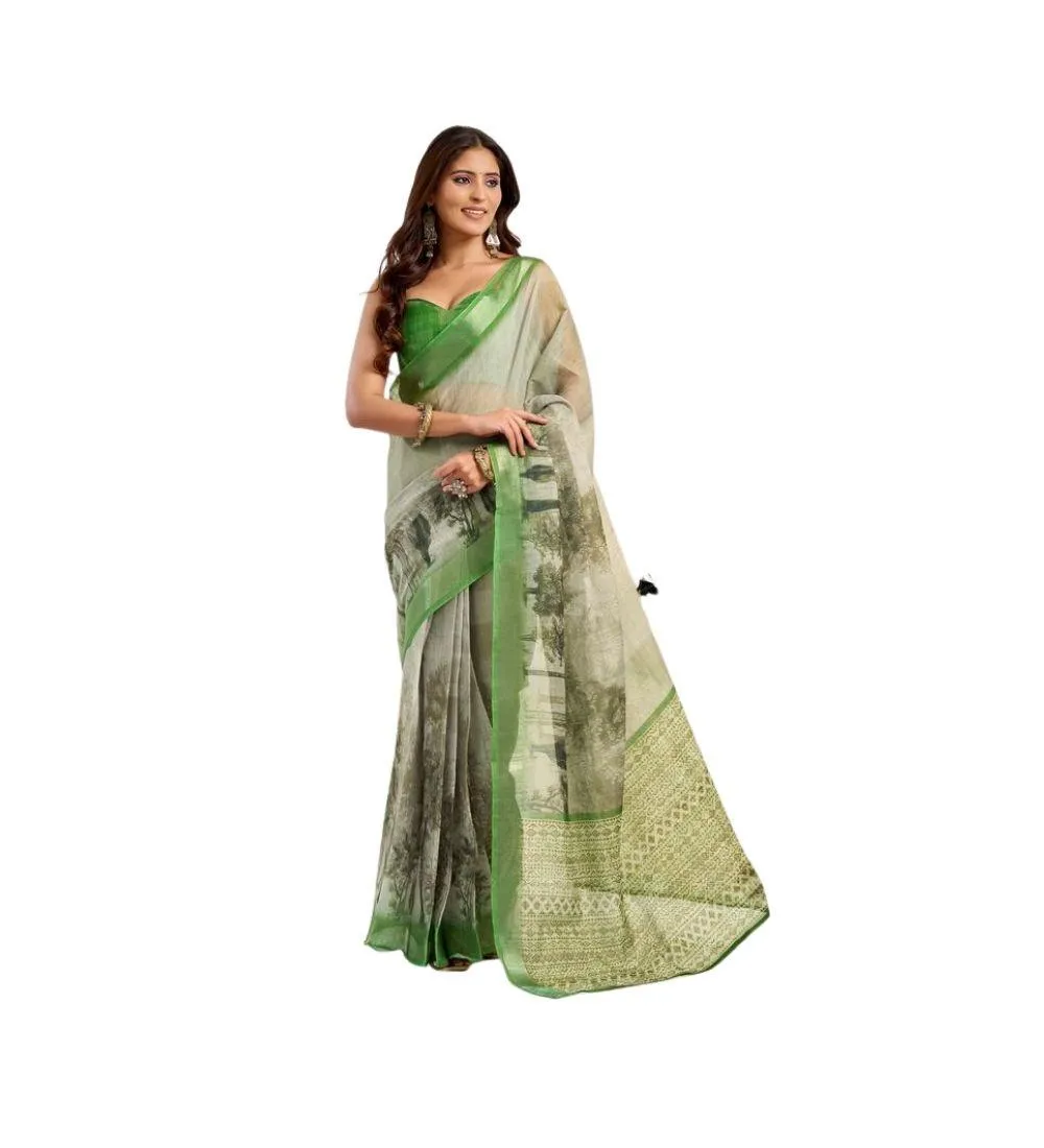 Generic Women's Linen Cotton Printed Ready To Wear Saree With Unstitched Blouse 5.5 Mtr (Light_Green)