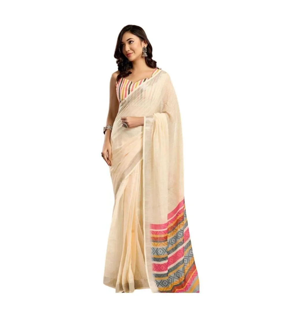 Generic Women's Linen Cotton Printed Ready To Wear Saree With Unstitched Blouse 5.5 Mtr (Beige)