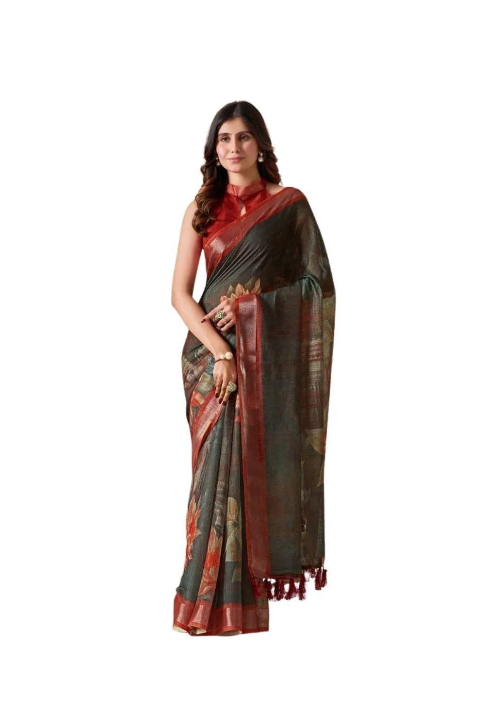Generic Women's Faux_Linen Printed Saree With Unstitched Blouse 5.5Mtr (Dark_Green)