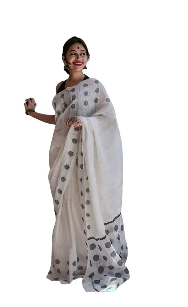 Generic Women's Soft Lilan Printed Saree With Unstitched Blouse 5.5Mtr (White)