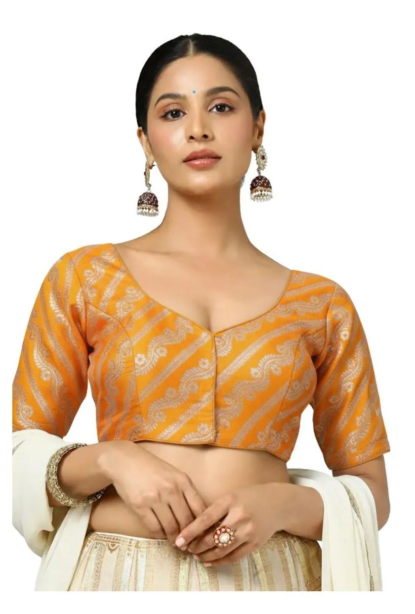 Generic Women's Jacquard Zari Round Neck Padded Blouse (Orange 38 Ready (Self Alterable 36–40)
