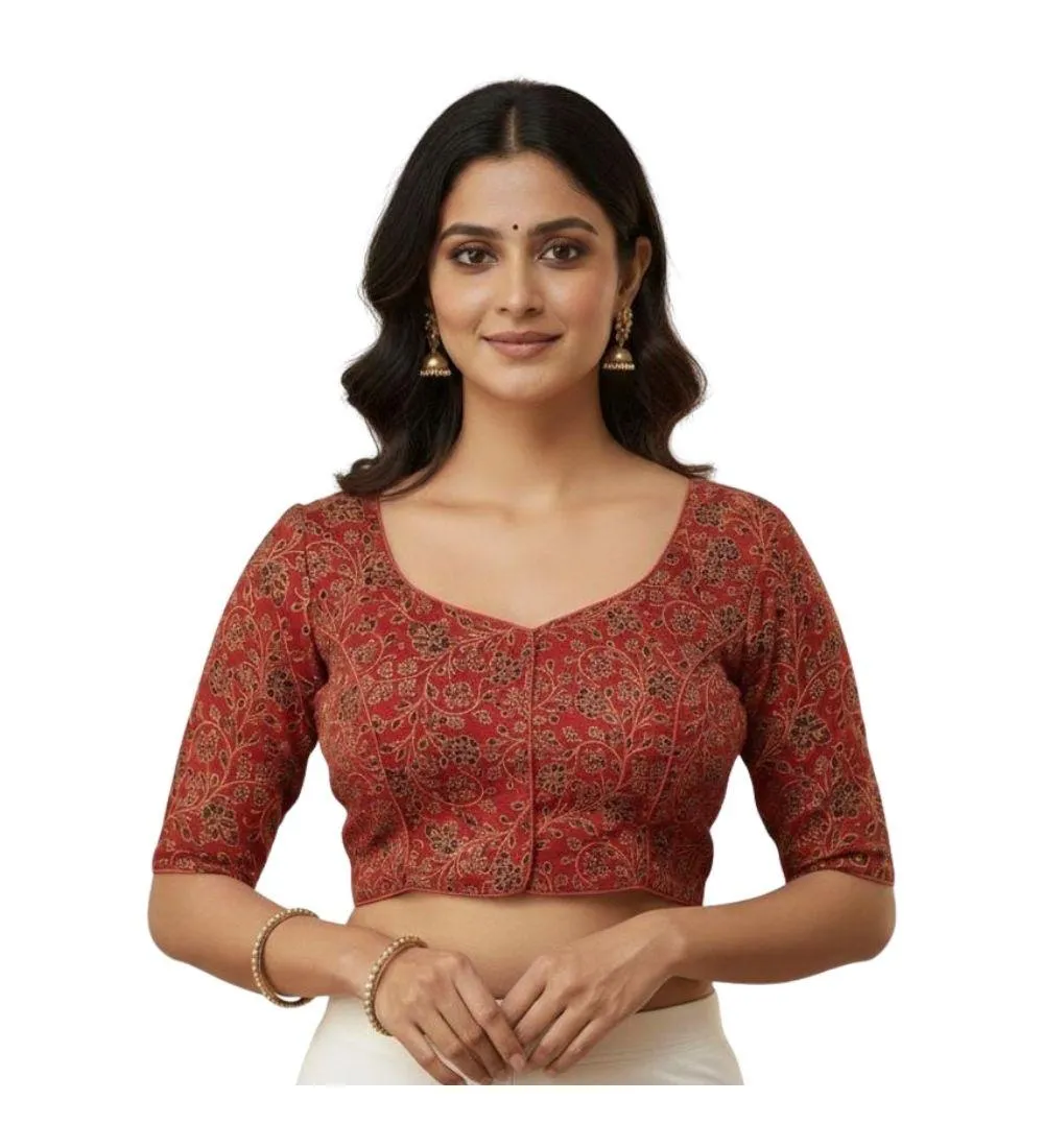 Generic Women's Ajrakh Cotton Round Neck Padded Blouse (Red, 38 Ready Size (Self-Alterable 36–40)