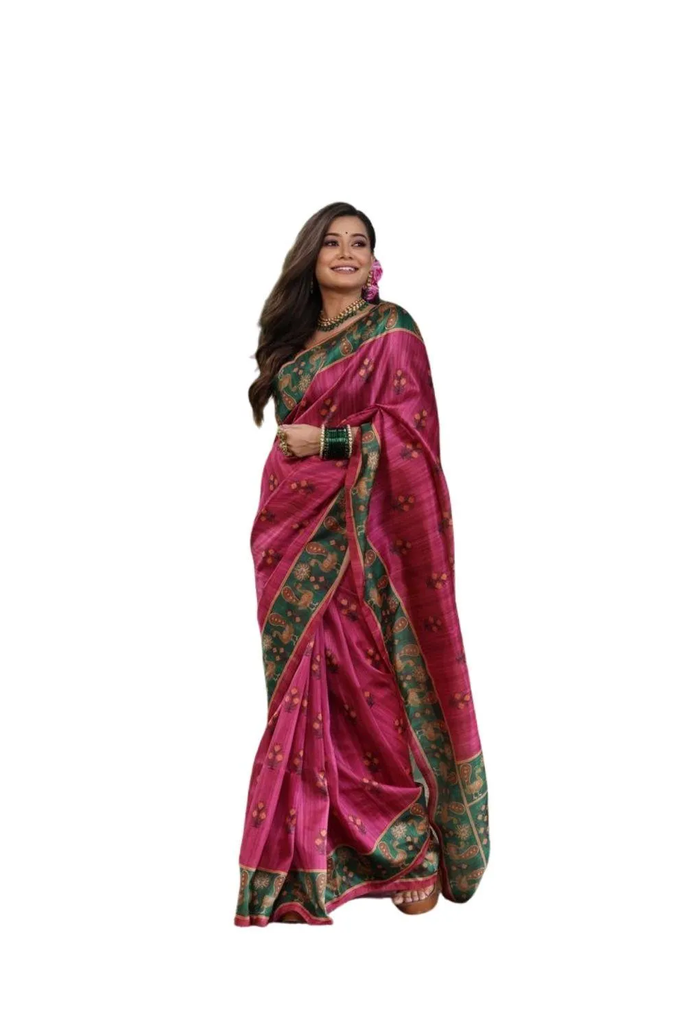 Generic Women's Faux_Tussar_Silk Printed Saree With Unstitched Blouse 5.5Mtr (Pink)