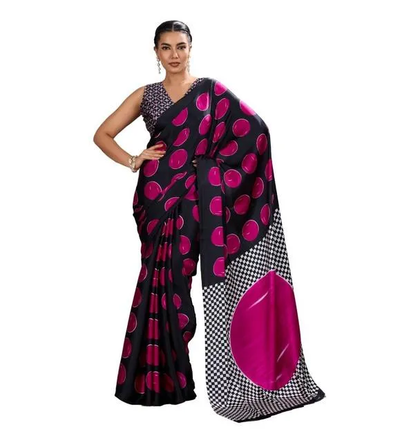 Generic Women's Satin Crepe Printed Saree With Unstitched Blouse 5.5Mtr (Pink)