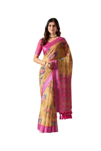 Generic Women's Faux_Linen Printed Saree With Unstitched Blouse 5.5Mtr (Gold)
