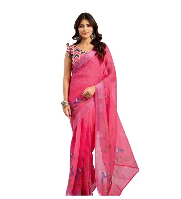 Generic Women's Linen Cotton Printed Ready To Wear Saree With Unstitched Blouse 5.5 Mtr (Pink)