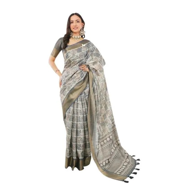 Generic Women's Polyester Printed Saree With Unstitched Blouse 5.5 Mtr (Grey)