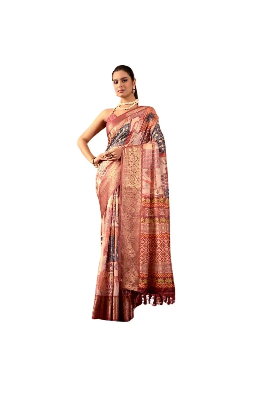 Generic Women's Faux_Silk Printed Saree With Unstitched Blouse 5.5Mtr (Peach)
