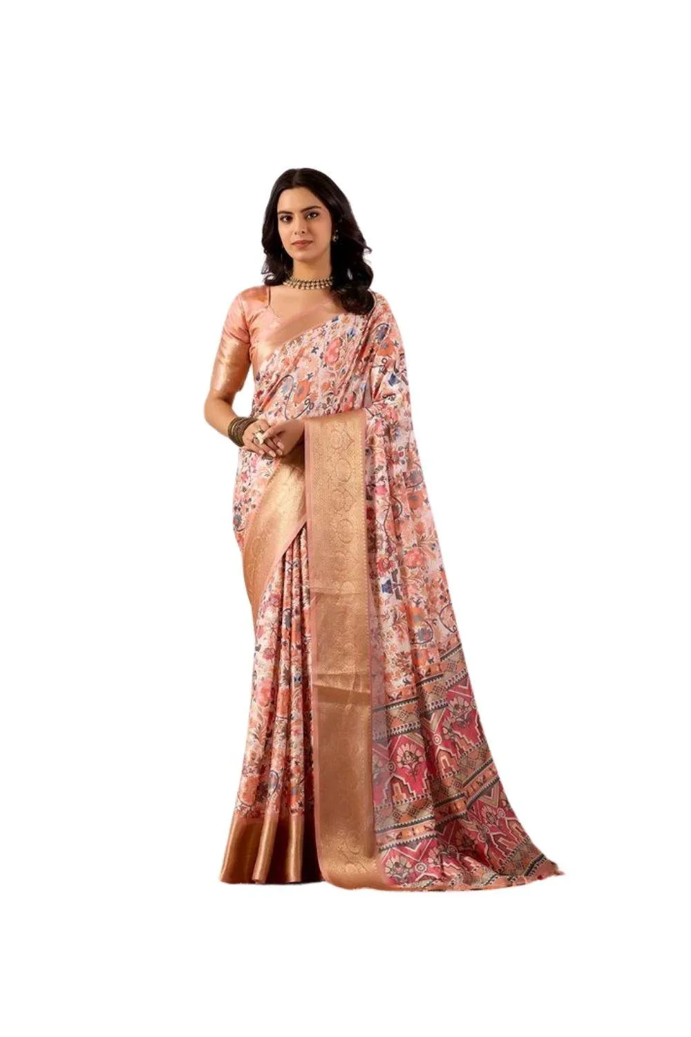 Generic Women's Faux_Silk Printed Saree With Unstitched Blouse 5.5Mtr (Peach)