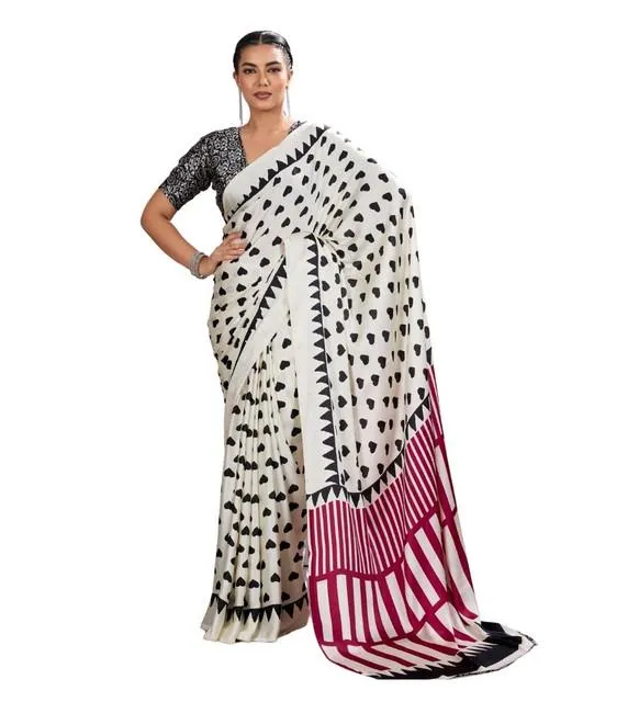 Generic Women's Satin Crepe Printed Saree With Unstitched Blouse 5.5Mtr (White)