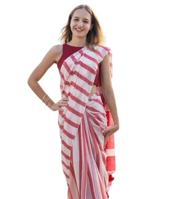 Generic Women's Linen Printed Saree With Unstitched Blouse 5.5Mtr (Red)