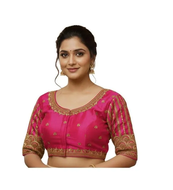 Generic Women's Phantom Silk Embroidered Designer Neck Padded Blouse (Pink 38 Ready (Alterable up to 42)